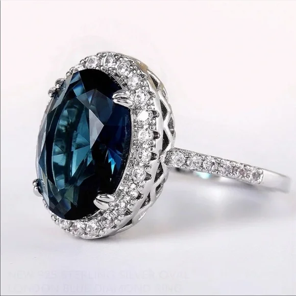 NEW 925 SILVER OVAL LONDON BLUE DIAMOND RING - Picture 5 of 6